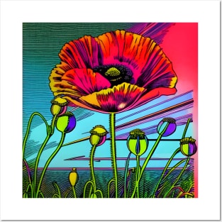 Retro Graphic Novel Style Field of Red Poppies (MD23Mrl015) Posters and Art